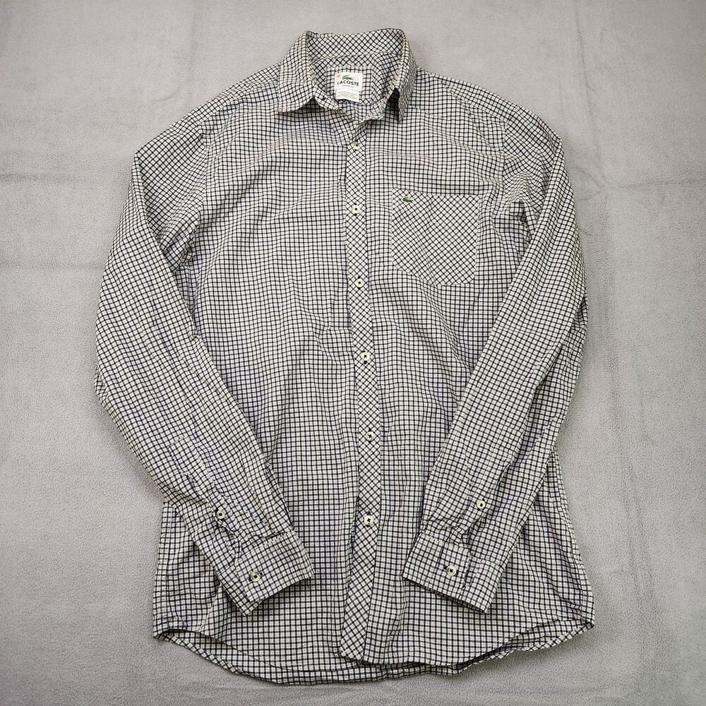 Lacoste Button Up Shirt Mens 38 White Black Check Classic Fit Pocket Long Sleeve
